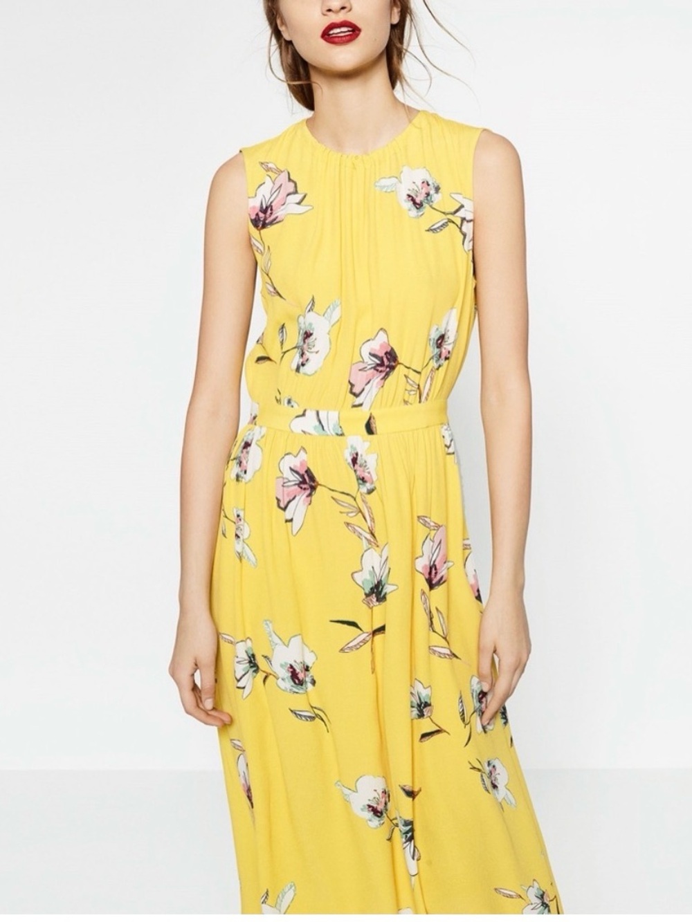 Zara Yellow Floral Sleeveless Maxi Dress with Pink Accents